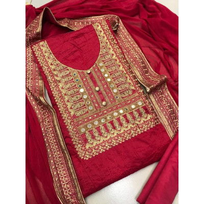 Chanderi and Santon Ladies Suit Red Colour